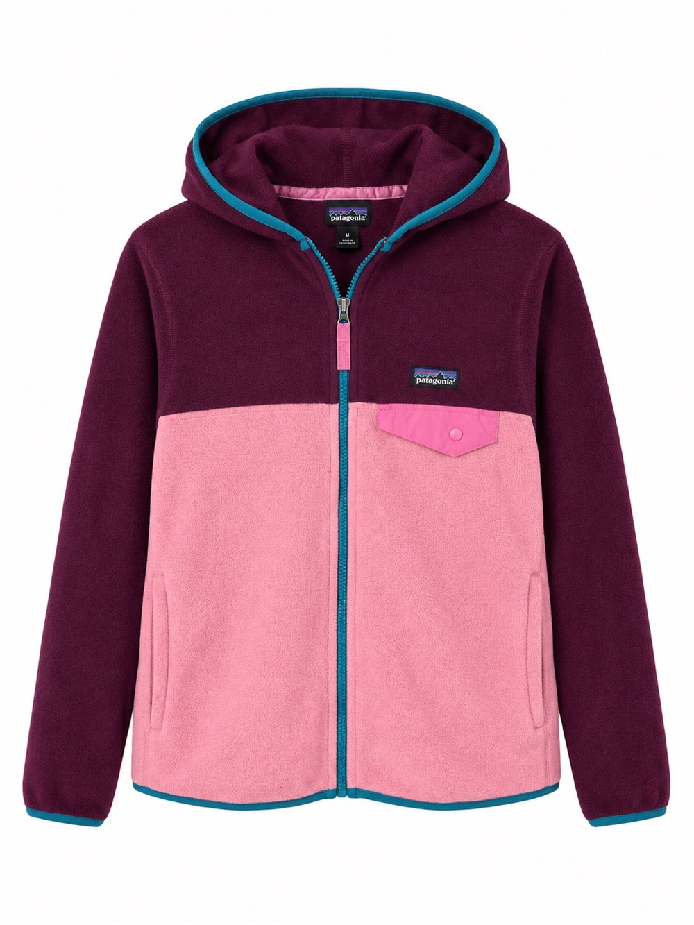 Patagonia Kids Two-Tone Hooded Fleece Jacket - Plum & Pink with Teal Trim size m